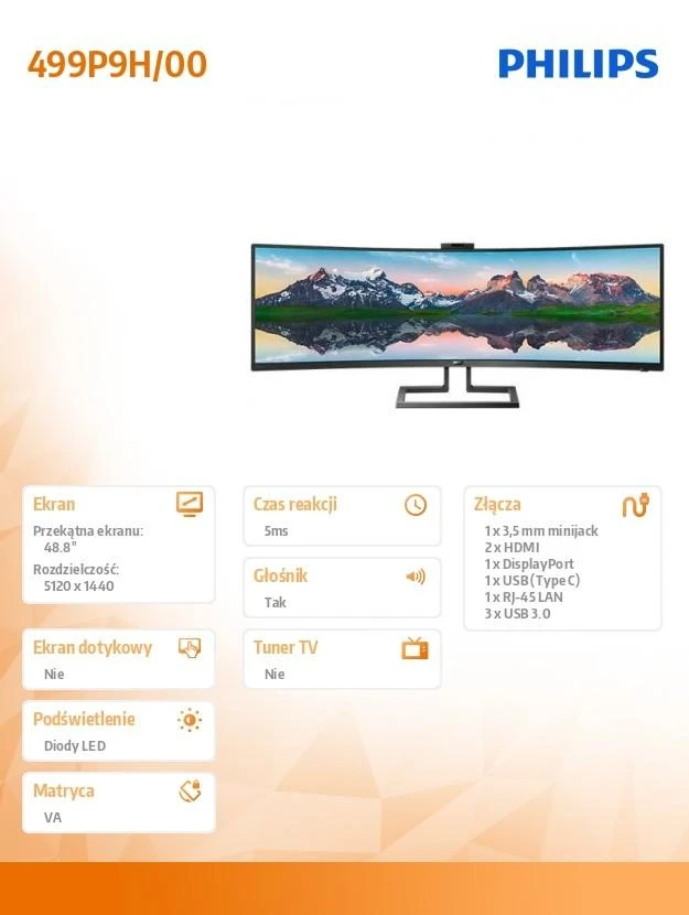 Monitorius Philips 499P9H/00 48,8" (124 cm), Juodos spalvos