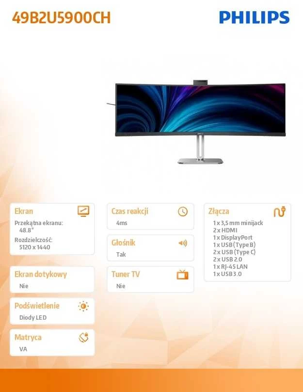 Monitorius Philips | 49B2U5900CH/00 | 48.8 " | VA | 32:9 | 75 Hz | 4 ms | 5120 x 1440 pikselių | 450 cd/m² | HDMI jungtys quantity 2