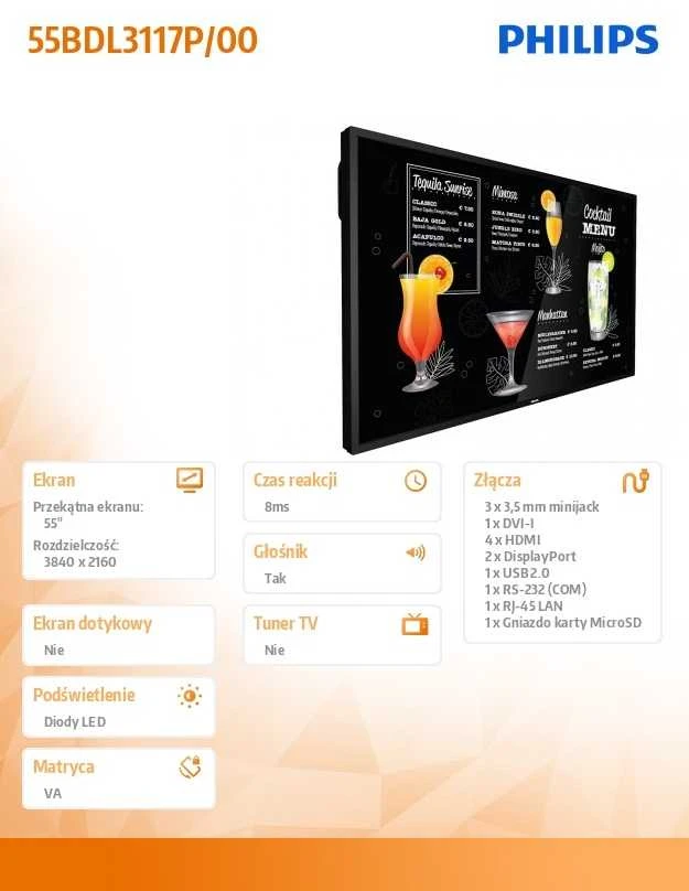 Monitorius Philips 55BDL3117P/00 – 55 colių įstrižainės klasė (54,6 colio matoma) – P-Line LED apšviestas LCD ekranas – skaitmeniniai ženklai – 4K UHD (2160p) 3840 x 2160
