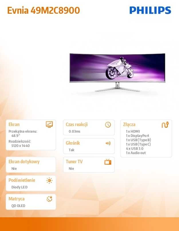Philips | Gaming Monitorius | 49M2C8900/00 | 48.9 " | 32:9 | 240 Hz | 0.03 ms | 5120 x 1440 pikselių | 450 cd/m² | HDMI jungtys quantity 2