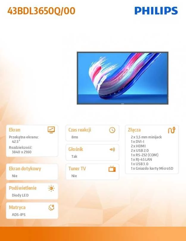 Monitorius PHILIPS 43BDL3650Q 43" UHD 400 NITS 18/7 SOC ANDROID10 LAN
