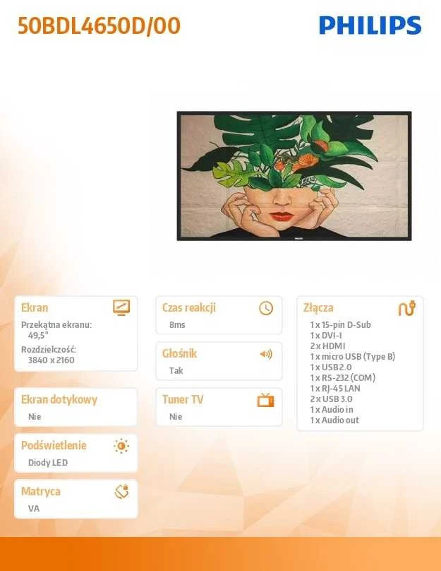 Monitorius PHILIPS 50BDL4650D 50" UHD 500 NITS 24/7 ANDROID SOC WIFI