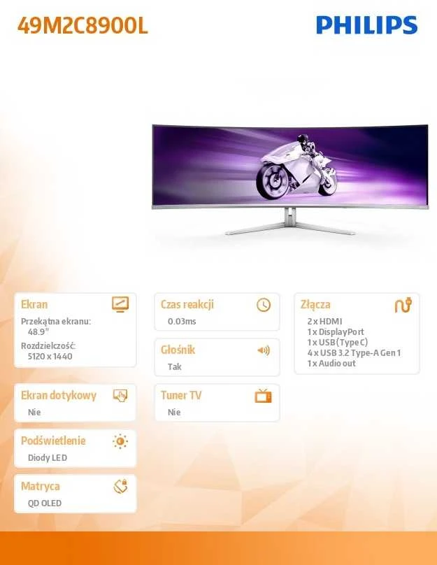 Monitorius PHILIPS 49M2C8900L/00 | 49" | QD-OLED | 5120x1440 | 144Hz