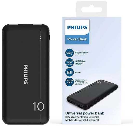 „Philips“ nešiojamoji baterija 10.000 mAh, 2xUSB, 5V, 2.1A, juoda
