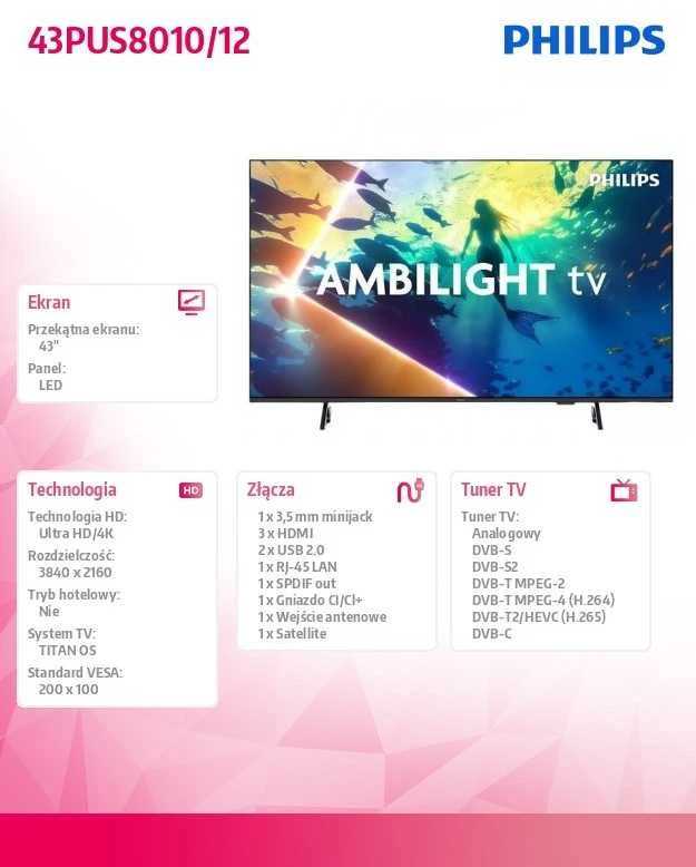 Televizorius Philips 43PUS8010/12 | 43 | Smart TV | TITAN OS | UHD | Juodas