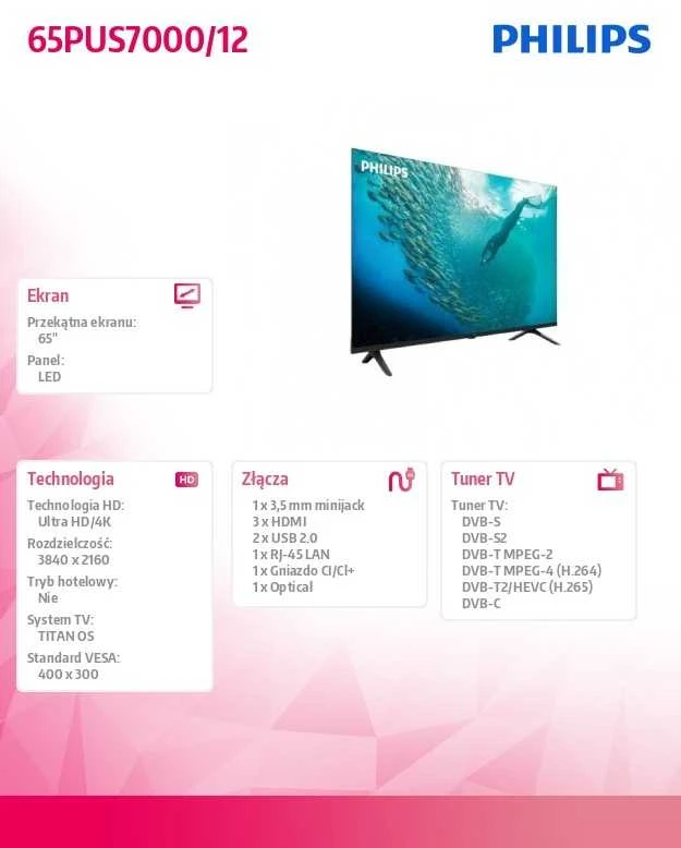 Philips 7000 series 65PUS7000/12 TV 165.1 cm (65") 4K Ultra HD Smart TV Wi-Fi Juodas