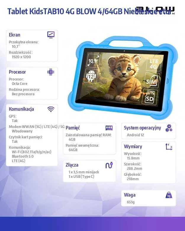 Planšetinis kompiuteris vaikams Blow KidsTAB10 4G, 4/64GB mėlynos spalvos