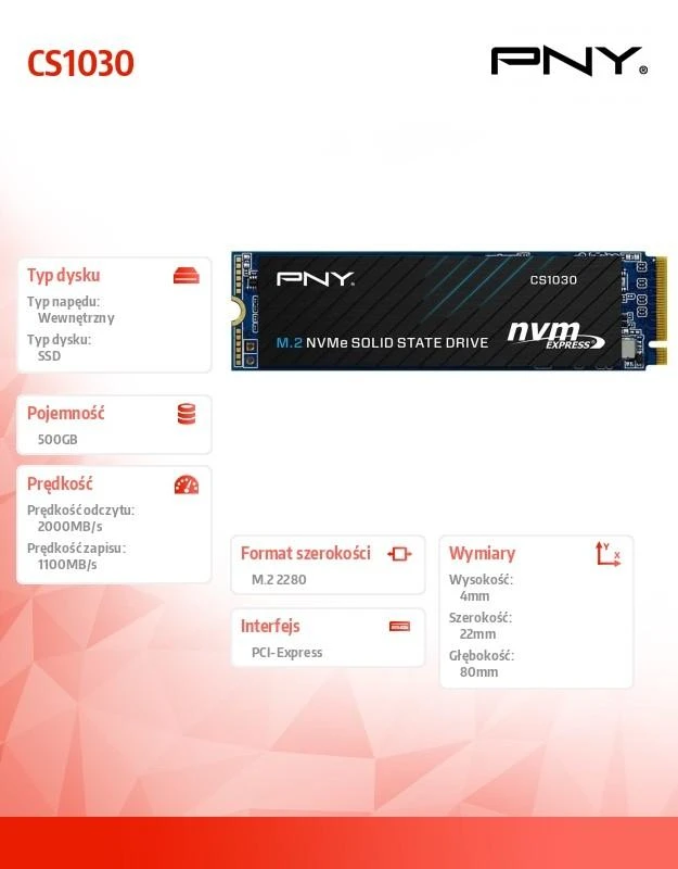 „Pny Technologies“ CS1030 500 GB M.2 PCI Express 3.0 NVMe 3D NAND atmintis
