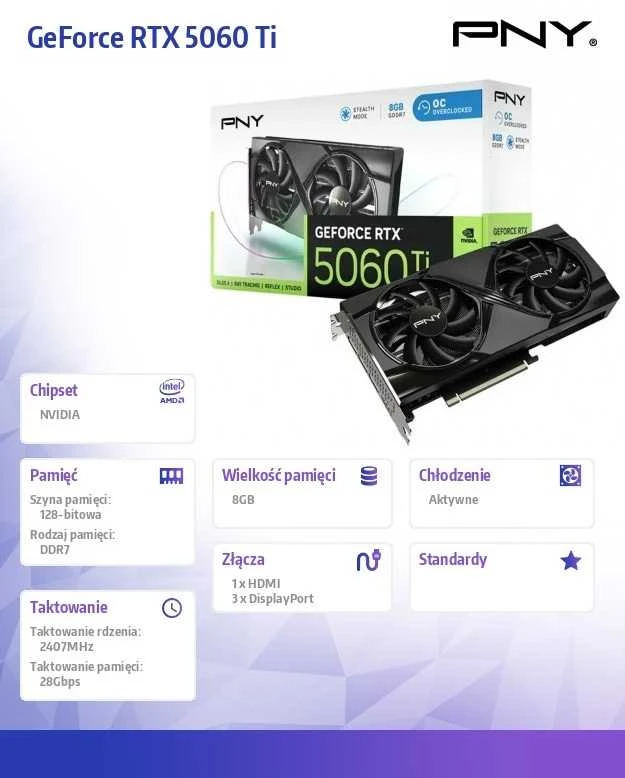 Vaizdo plokštė PNY GeForce RTX 5060 Ti dvigubas ventiliatorius, 8GB OC, DLSS 4
