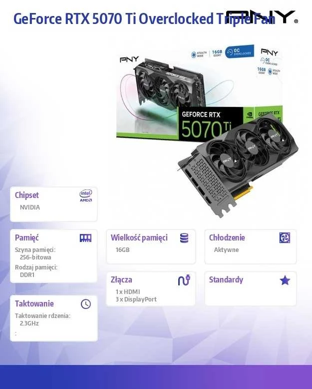 Vaizdo plokštė PNY GeForce RTX 5070 Ti su trimis ventiliatoriais, 16 GB, DLSS, 4 OC