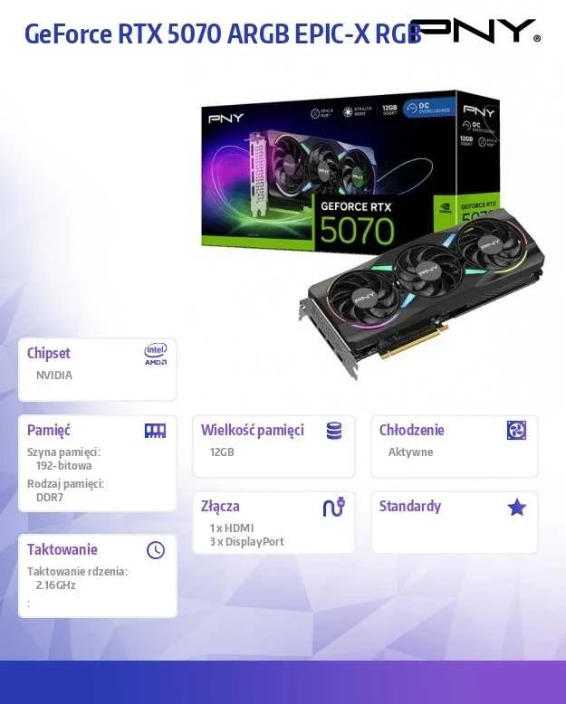 PNY GeForce RTX 5070 ARGB EPIC-X RGB™ trijų ventiliatorių vaizdo plokštė, 12 GB OC, DLSS 4