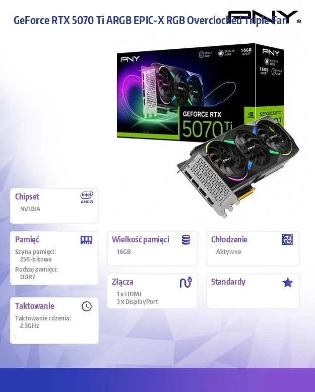 PNY GeForce RTX 5070 Ti ARGB EPIC-X RGB™ trijų ventiliatorių vaizdo plokštė, 16 GB OC, DLSS 4