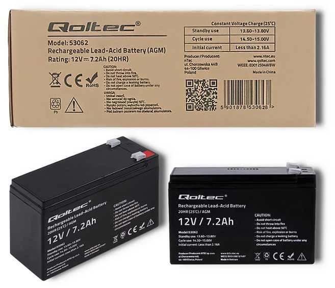 QOLTEC 53062 AGM baterija 12V 7.2Ah max 108A