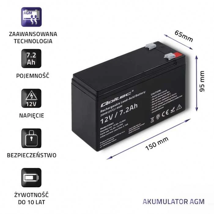 QOLTEC 53062 AGM baterija 12V 7.2Ah max 108A