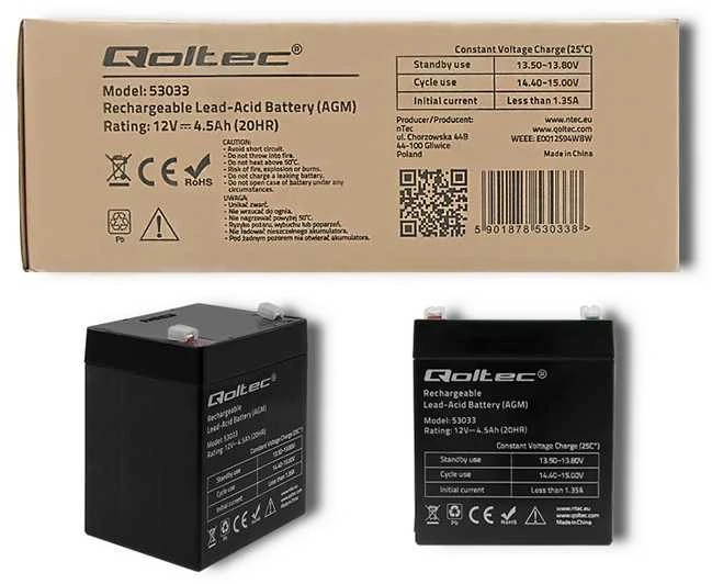 QOLTEC 53033 Baterija AGM 12V 4.5Ah max.1.35A