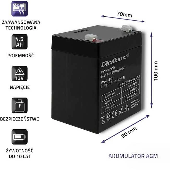 QOLTEC 53033 Baterija AGM 12V 4.5Ah max.1.35A
