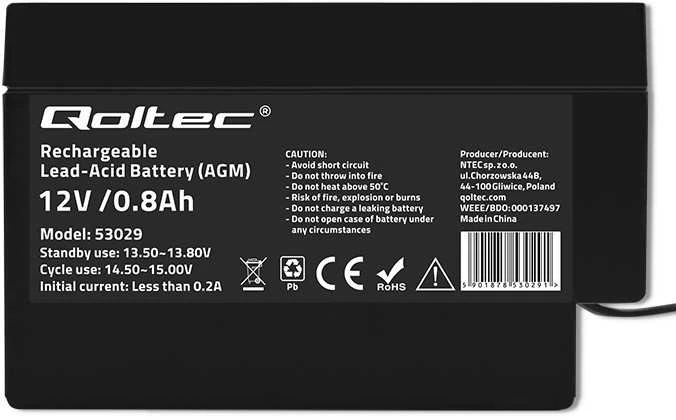 QOLTEC AGM baterija 12V 0,8Ah maks. 12A