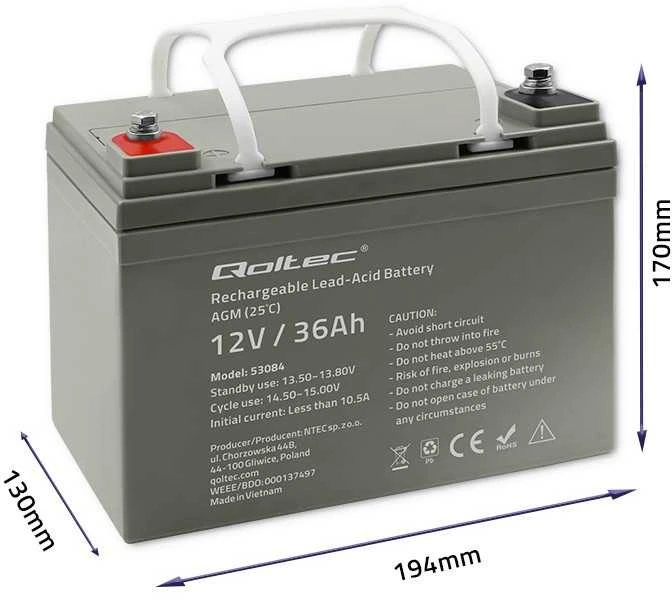 Qoltec 53084 AGM akumuliatorius | 12V | 36Ah