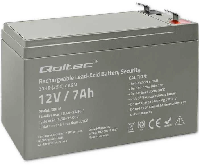 QOLTEC 53076 AGM baterija 12V 7Ah maks. 105A apsauga