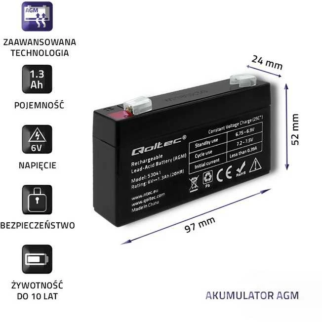QOLTEC 53041 Baterija AGM 6V 1.3Ah max.0.39A