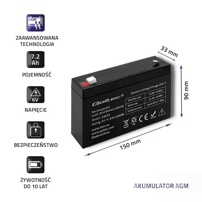 QOLTEC Baterija AGM 6V 7.2Ah