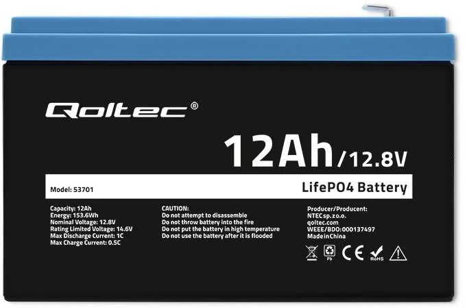 QOLTEC 53701 LiFePO4 ličio geležies fosfato baterija / 12,8V / 12Ah / 153,6Wh / BMS