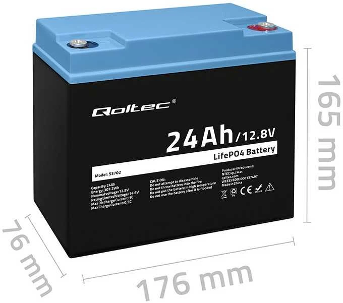 QOLTEC 53702 LiFePO4 ličio geležies fosfato baterija / 12,8V / 24Ah / 307,2Wh / BMS