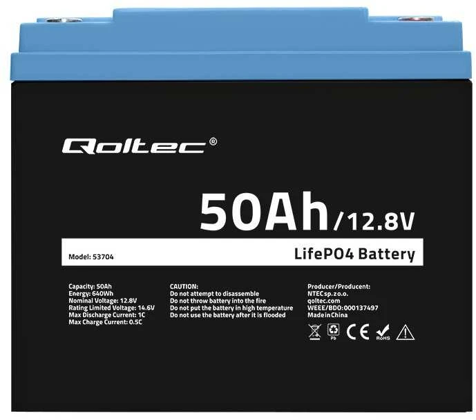 „Qoltec LiFePO4“ ličio-geležies-fosfato akumuliatorius | 12,8 V | 50 Ah | 640 Wh | BMS