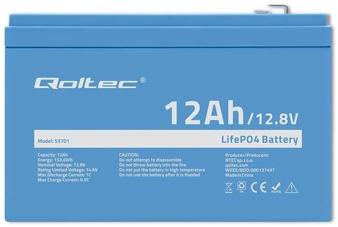 QOLTEC 53701 LiFePO4 ličio geležies fosfato baterija / 12,8V / 12Ah / 153,6Wh / BMS