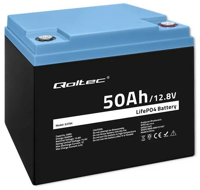 „Qoltec LiFePO4“ ličio-geležies-fosfato akumuliatorius | 12,8 V | 50 Ah | 640 Wh | BMS