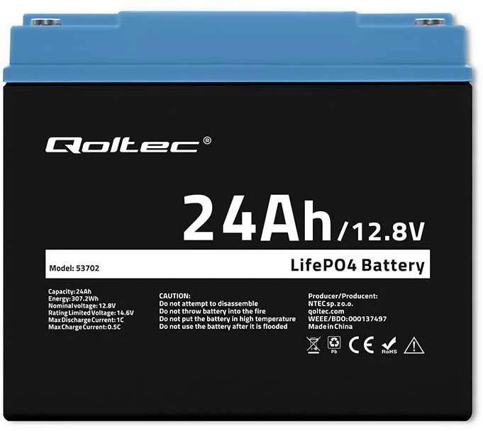 QOLTEC 53702 LiFePO4 ličio geležies fosfato baterija / 12,8V / 24Ah / 307,2Wh / BMS