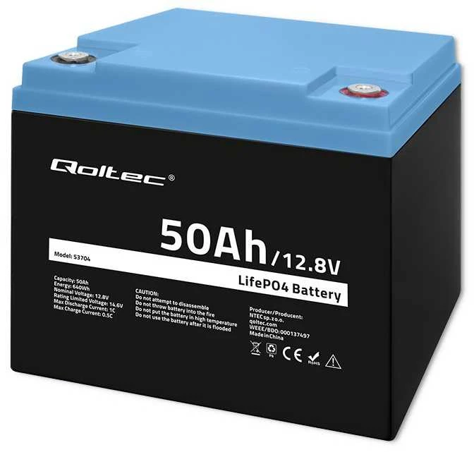 „Qoltec LiFePO4“ ličio-geležies-fosfato akumuliatorius | 12,8 V | 50 Ah | 640 Wh | BMS