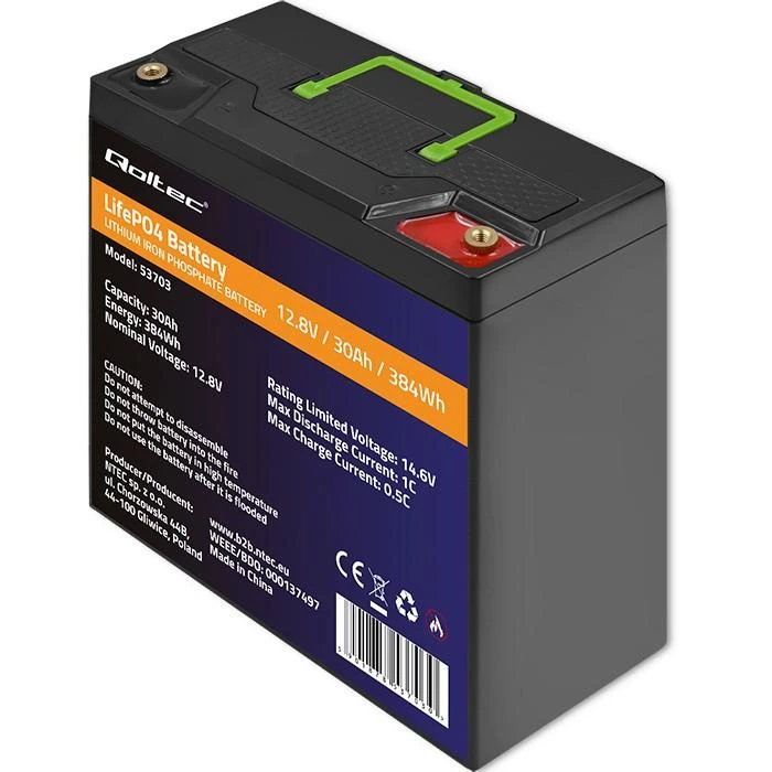QOLTEC 53703 LiFePO4 ličio geležies fosfato baterija / 12.8V / 30Ah / 384Wh / BMS