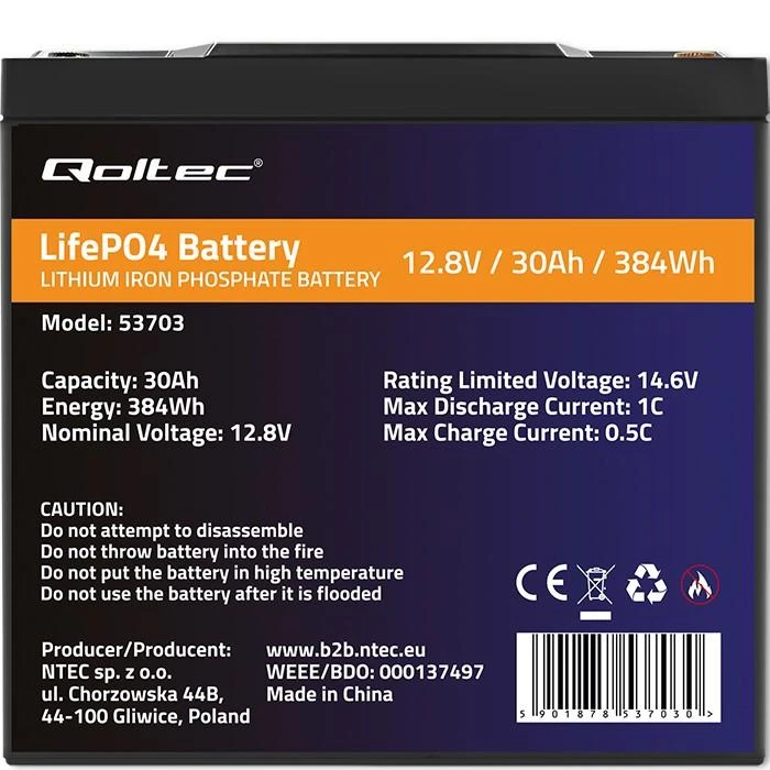 QOLTEC 53703 LiFePO4 ličio geležies fosfato baterija / 12.8V / 30Ah / 384Wh / BMS