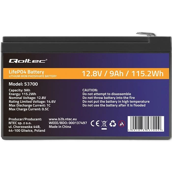 QOLTEC 53701 LiFePO4 ličio geležies fosfato baterija / 12,8V / 12Ah / 153,6Wh / BMS