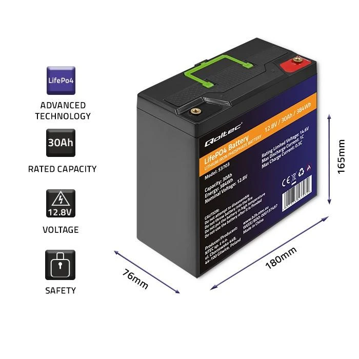 QOLTEC 53703 LiFePO4 ličio geležies fosfato baterija / 12.8V / 30Ah / 384Wh / BMS