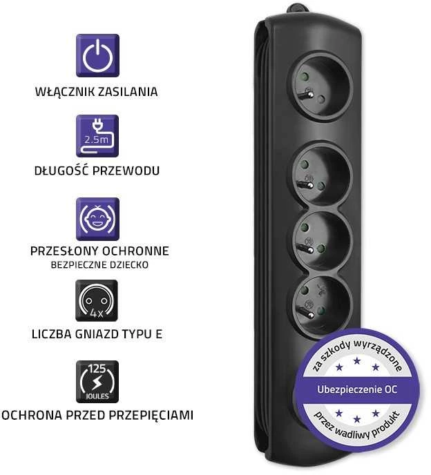 QOLTEC 50105 Viršįtampių apsauga 4 maitinimo lizdas 2,5m