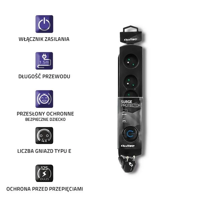 QOLTEC 50104 Viršįtampių apsauga 4 maitinimo lizdas 1,5m