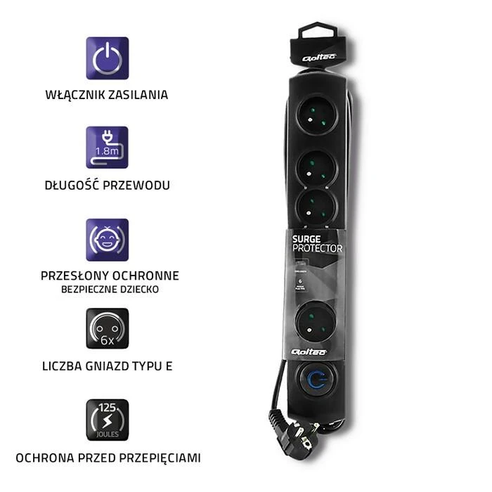 QOLTEC 50111 Surge Protector 6 maitinimo lizdas 1,8m