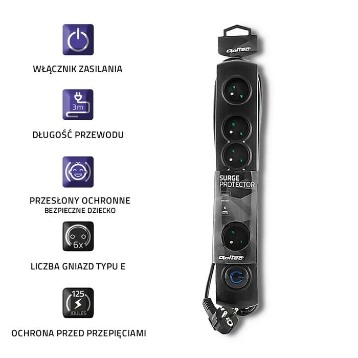 QOLTEC 50112 Surge Protector 6 maitinimo lizdas 3,0m