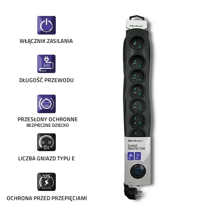 QOLTEC 50114 Viršįtampių apsauga 8 maitinimo lizdas 3,0m