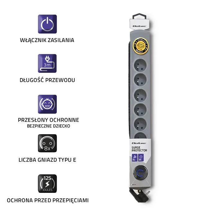 QOLTEC 50168 Apsaugos nuo viršįtampių Quick Switch 8 lizdai pilka 3m