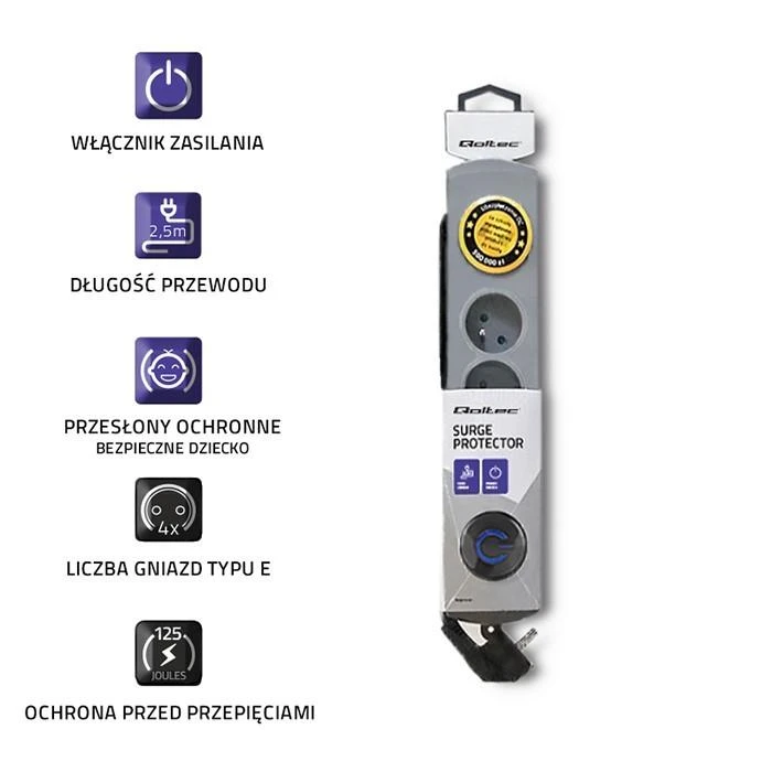 QOLTEC 50164 Apsaugos nuo viršįtampių Quick Switch 4 lizdai pilka 2,5m