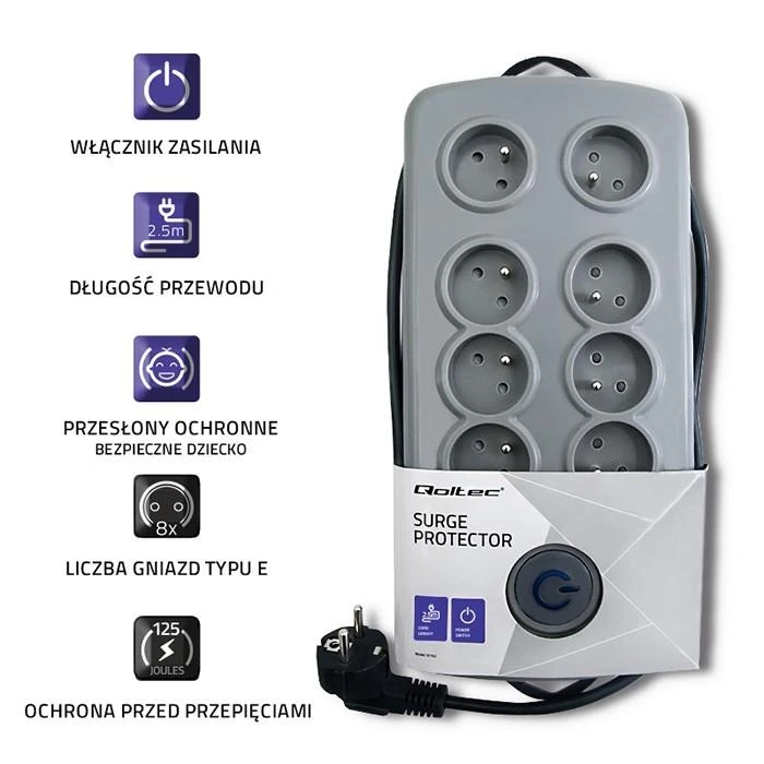 QOLTEC 50162 Apsaugos nuo viršįtampių Quick Switch 8 lizdai pilka 2,5m