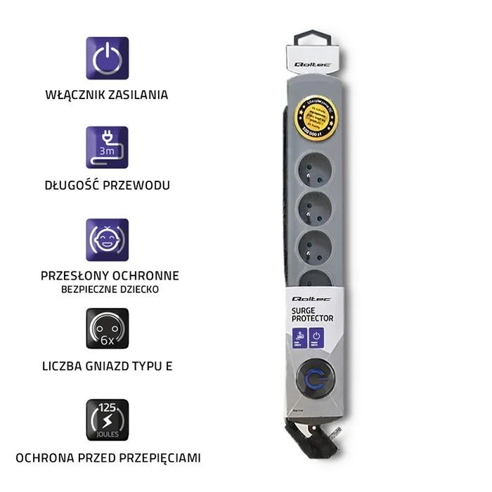 QOLTEC 50166 Qoltec Apsaugos nuo viršįtampių Quick Switch 6 lizdai pilka 3m