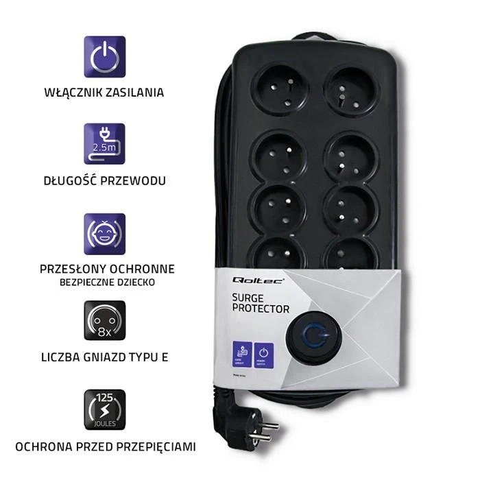 QOLTEC 50161 Apsaugos nuo viršįtampių Quick Switch 8 lizdai juodas 2,5m