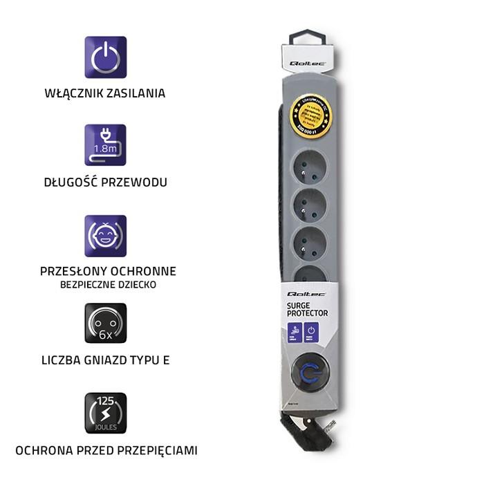 QOLTEC 50165 Apsaugos nuo viršįtampių Quick Switch 6 lizdai pilka 1.8m