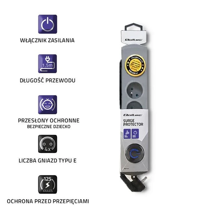 QOLTEC 50163 Apsaugos nuo viršįtampių Quick Switch 4 lizdai pilka 1,5m