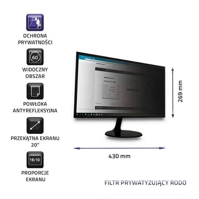 Qoltec Privatumo filtrai RODO | 20'' | 16:10