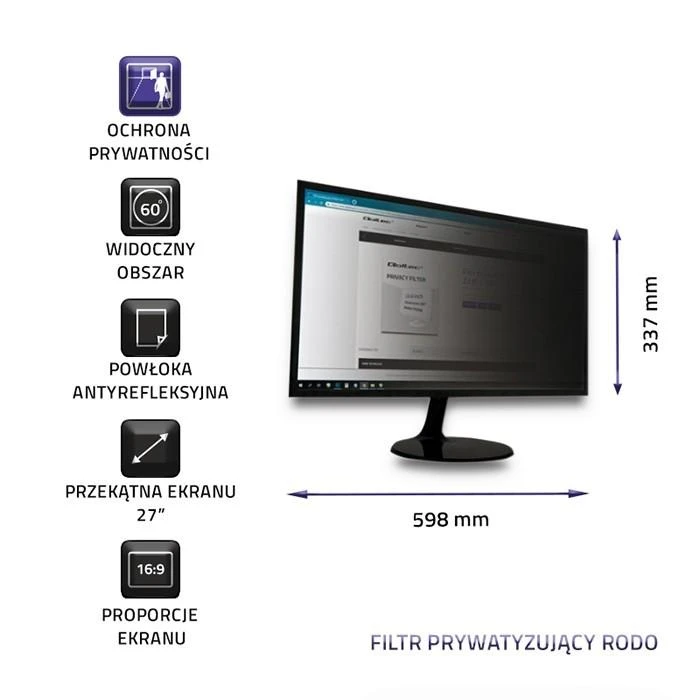 Qoltec Privatumo filtrai RODO | 27'' | 16:9